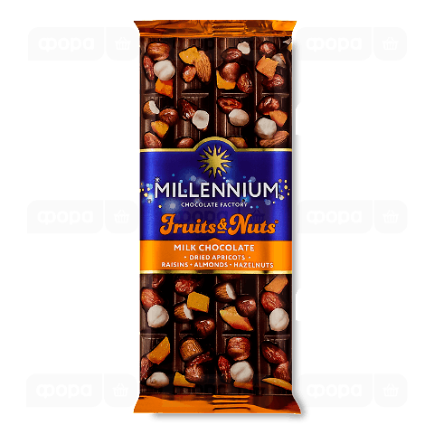 Шоколад молочний Millennium Fruits & Nuts з мигдалем, лісовими горіхами, курагою та родзинками
