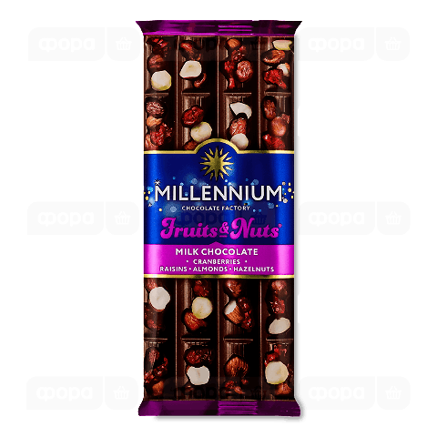 Шоколад молочний Millennium Fruits & Nuts з мигдалем, лісовими горіхами, журавлиною та родзинками