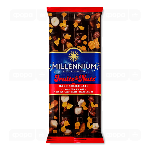 Шоколад чорний Millennium Fruits & Nuts з мигдалем, лісовими горіхами, цукатами та родзинками