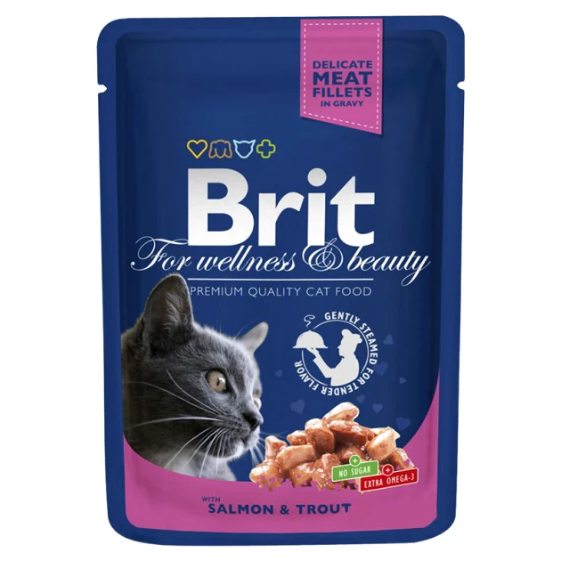 Корм вологий для дорослих котів Brit Premium Cat з лососем і фореллю, 100 г (8595602505999)