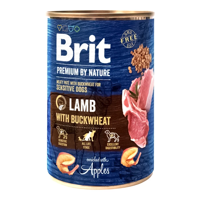 Консерва для дорослих собак усіх порід з чутливим травленням Brit Premium з ягням та гречкою 400 г (8595602538614)