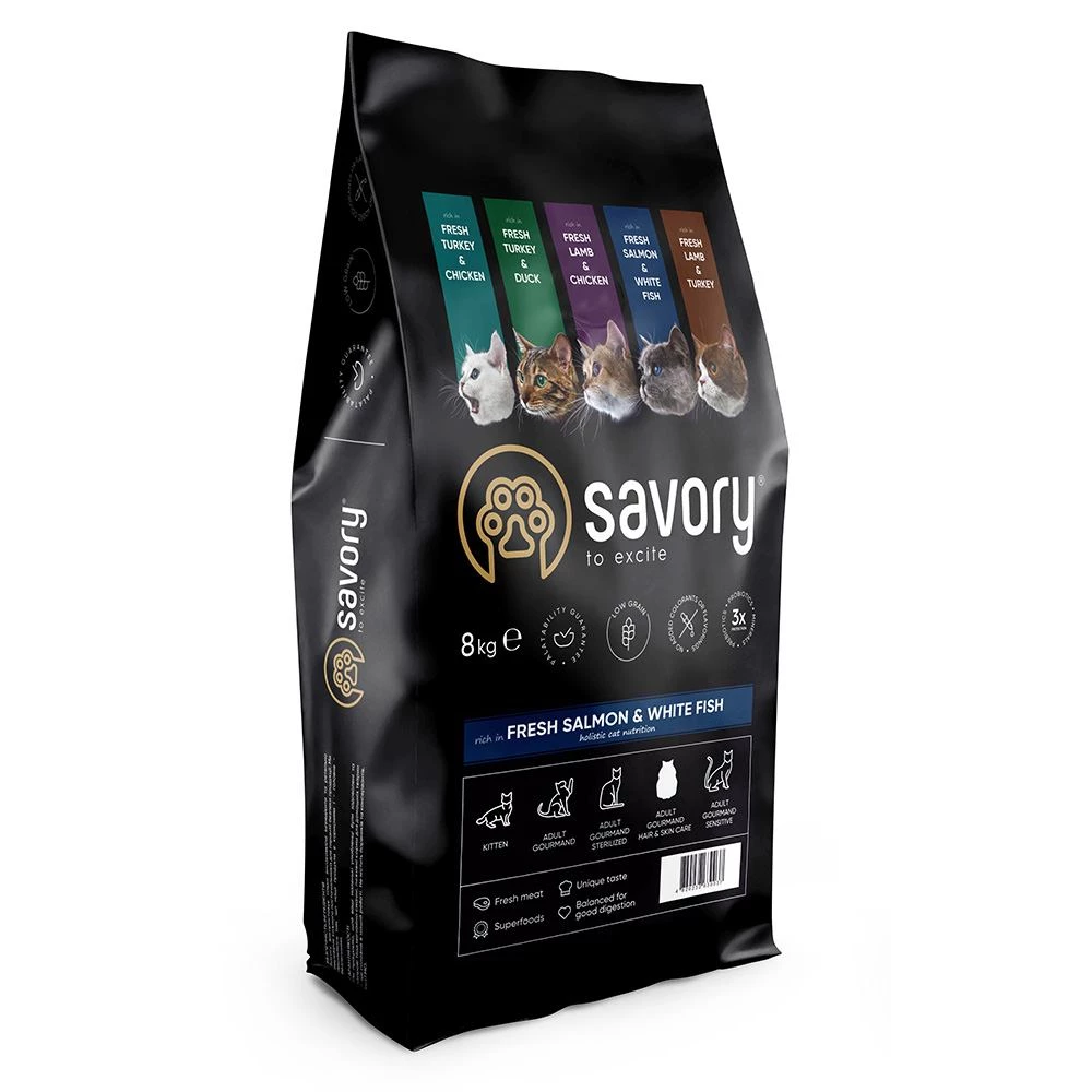 Корм сухий для довгошерстих котів Savory зі свіжим лососем і білою рибою 8 кг (4820232630037)