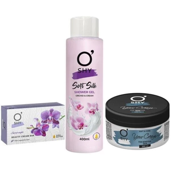 Подарунковий набір O'shy Гель для душу Soft silk 400 мл + Крем для чутливої шкіри 250 мл + Крем-мило Secret night 125 г (4802370056207)