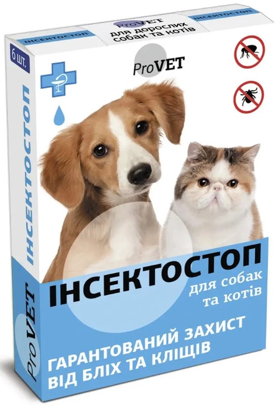 Краплі на холку для котів та собак ProVET Інсектостоп, від зовнішніх паразитів, від 4 до 10 кг, 6 піпеток по 0,8 мл