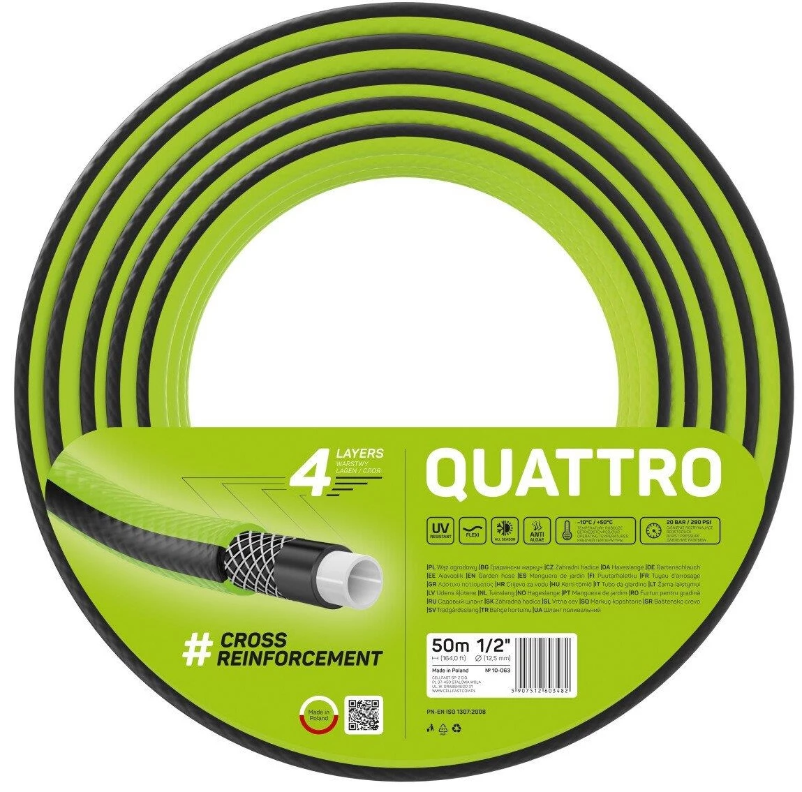 Шланг садовий Cellfast QUATTRO 1/2”, 50 м, 4-х шаровий, до 20 бар, -10…+50°C