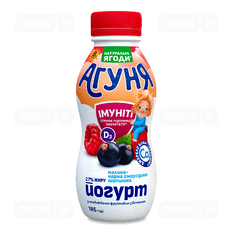 Йогурт «Агуня» малина-чорна смородина-шипшина 2,7%, пляшка