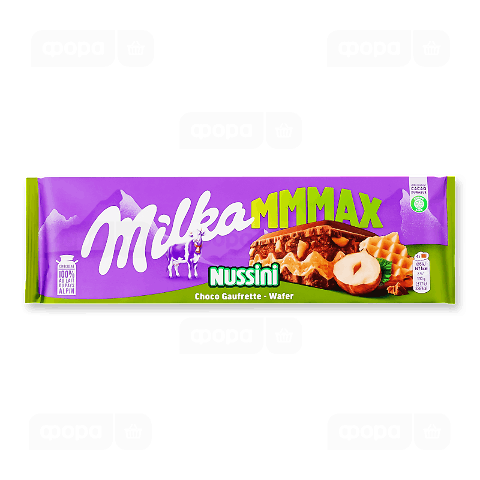 Шоколад молочний Milka Nussini з горіховою пастою, фундуком та вафлею