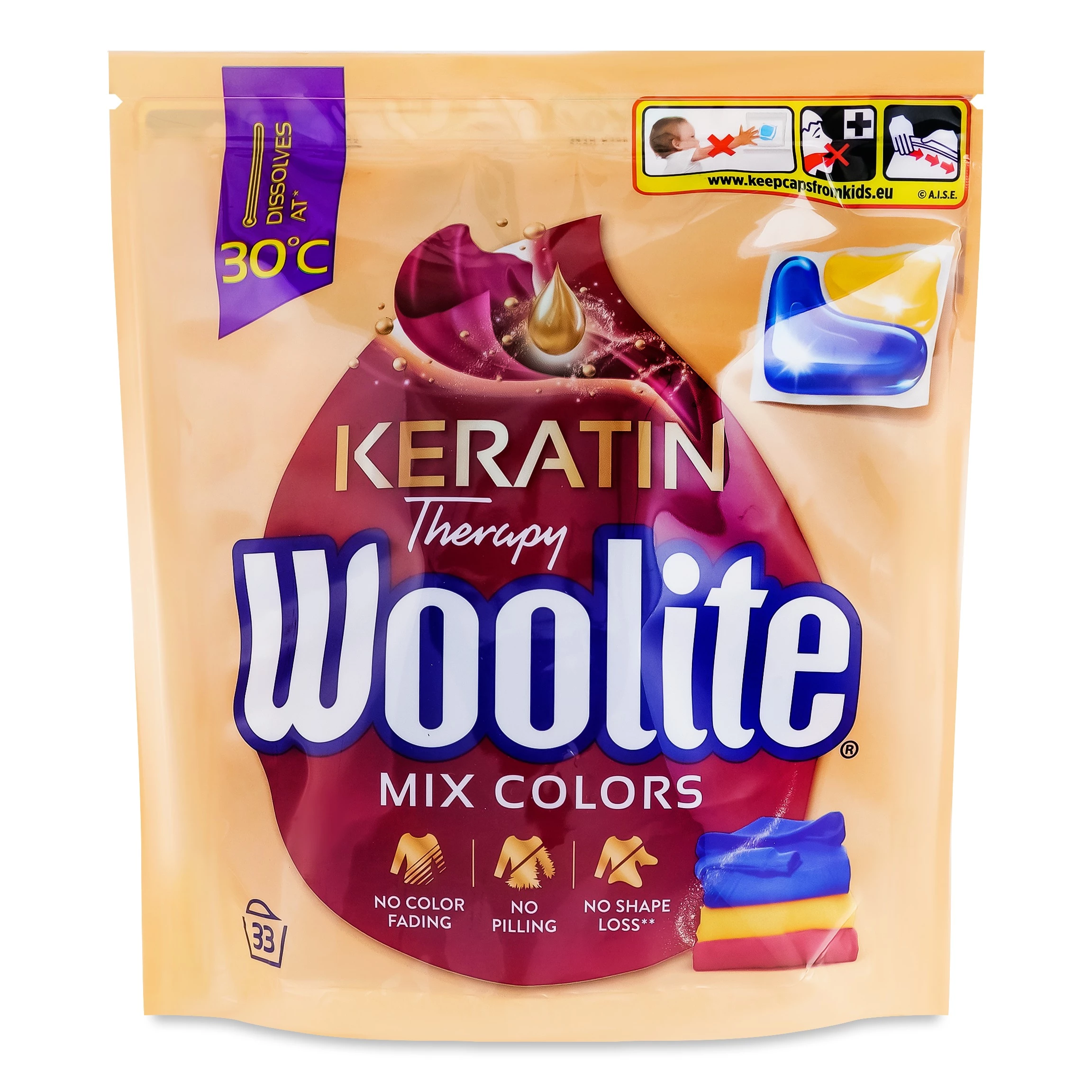 Капсули для прання Woolite для кольорових тканин з кератином 33 шт (5900627094152)