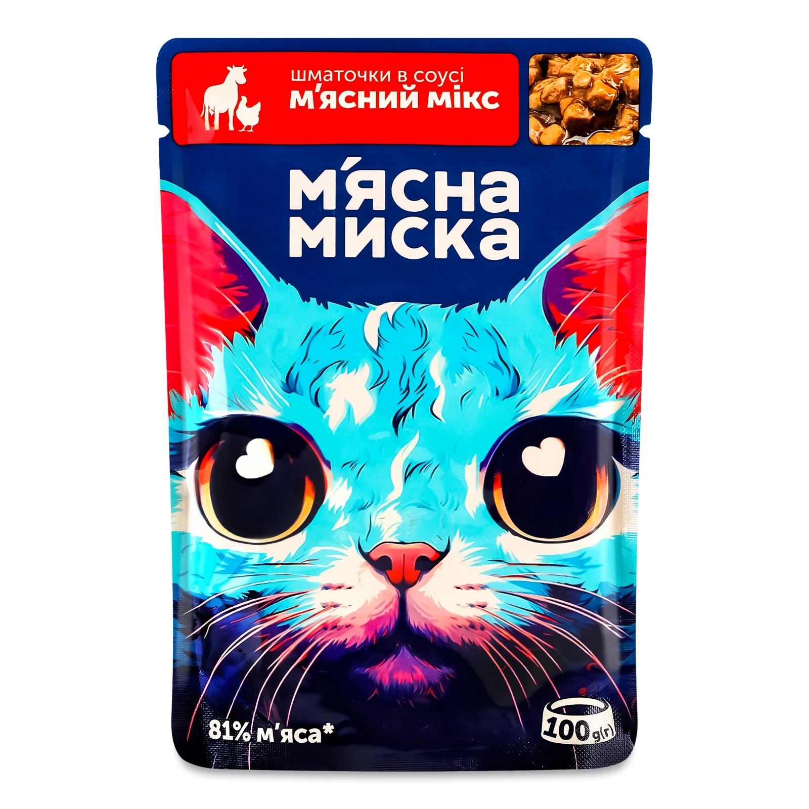 Корм вологий для дорослих котів М'ясна Миска шматочки в соусі М'ясний мікс 100 г (4820255192406)