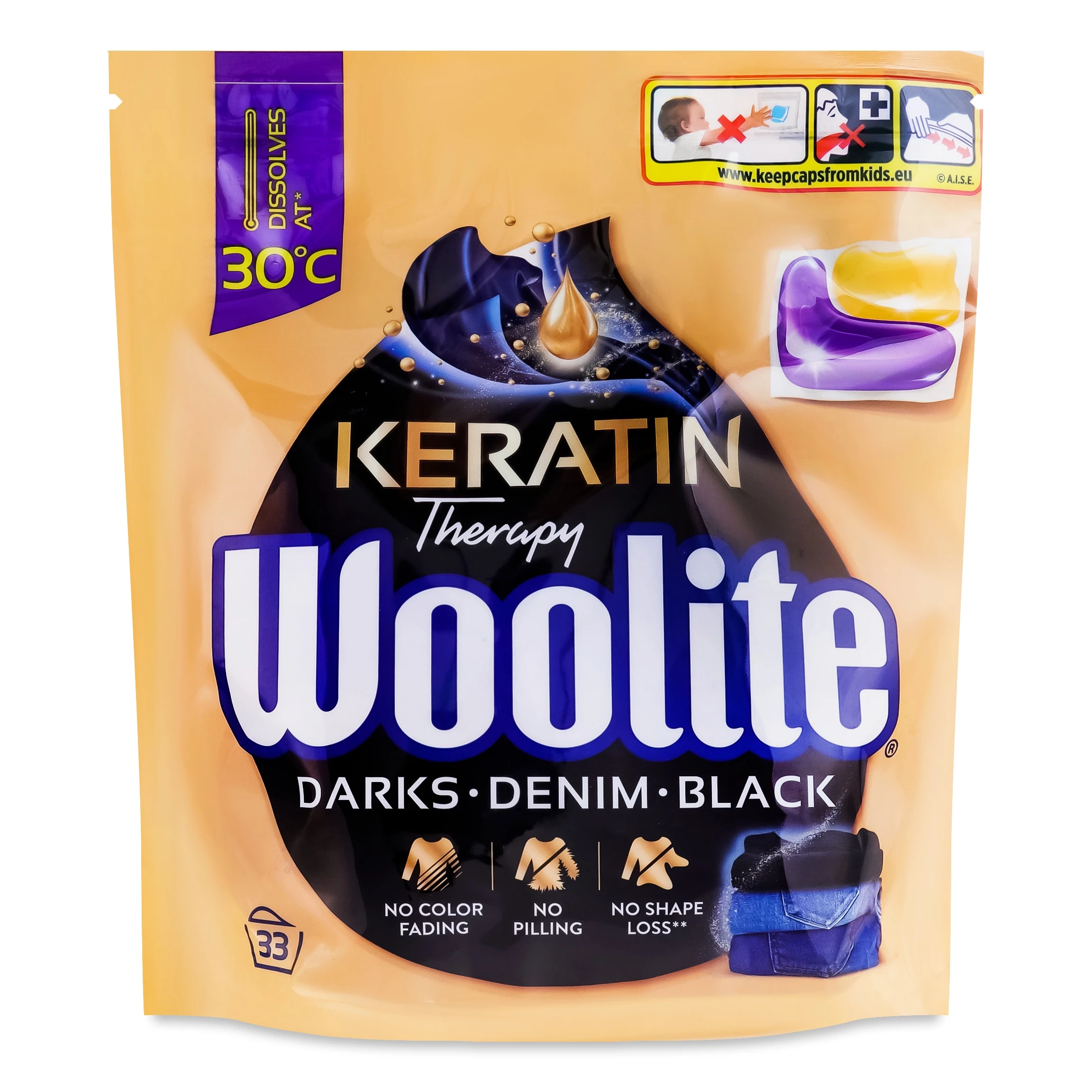 Капсули для прання Woolite для чорних та джинсових тканин з кератином 33 шт (5900627094145)