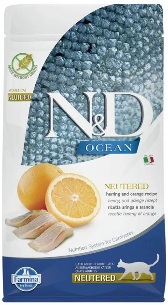 Сухий корм 300 г для дорослих стерилізованих котів. Farmina N&D Cat ocean herring & orange нейтральний