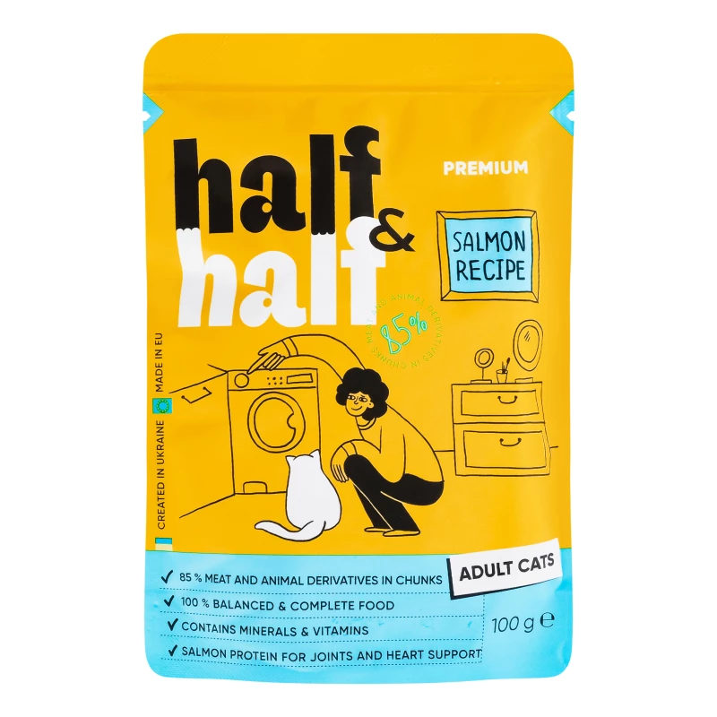 Корм вологий для котів Half&Half шматочки з лососем у желе 100 г (4820261920901)