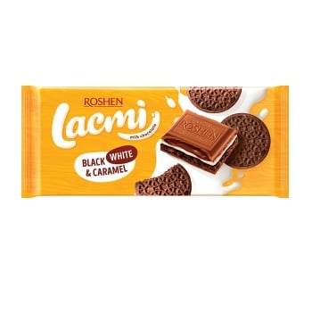 Шоколад 100 г Lacmi молочний з молочною начинкою, карамеллю та печивом з какао
