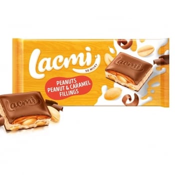 Шоколад 87 г Roshen Lacmi молочний з арахісом та карамельно-арахісовою начинкою м/уп