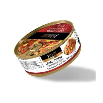 Консерви 165 г De Luxe Foods & Goods Selected салат Тунець з овочами в соусі з/б