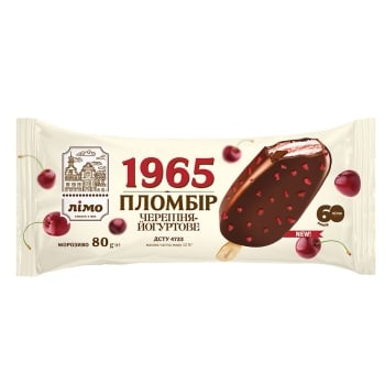 Морозиво 80 г Лімо "Пломбір 1965" йогуртове зі см. черешні з кранчами в шокол. глазурі ескімо п/ет