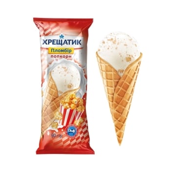 Морозиво 90 г Хрещатик пломбір зі смаком попкорну зі шматочками солоної карамелі ваф.ріжок п/ет