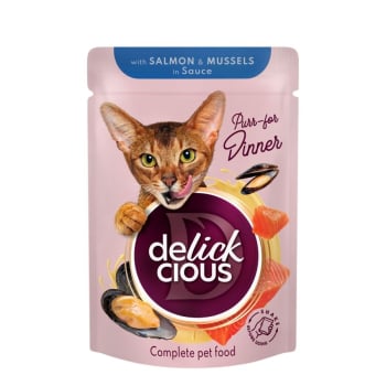 Корм 85 г DELICKCIOUS для котів лосось з мідіями в соусі м/уп