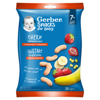 Снеки 28 г Gerber кукурудзяні з полуницею та бананами м/уп