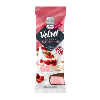 Морозиво 75 г Лімо "VELVET" полуничне із замінником цукру в конд. молочній глазурі ескімо п/ет