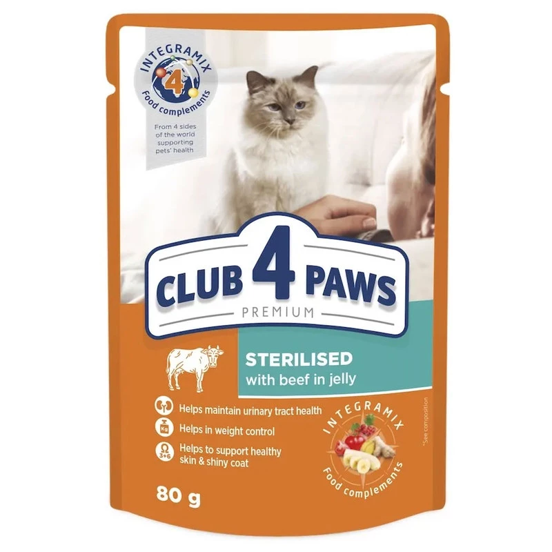 Корм вологий для стерилізованих котів Club 4 Paws Premium яловичина в желе 80 г (4820215367585)
