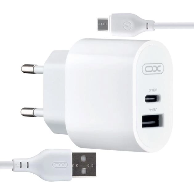 Мережевий зарядний пристрій Xo L97 (1Type-C/1USB/2.4A) + USB/MicroUSB білий (Xo-L97-M)
