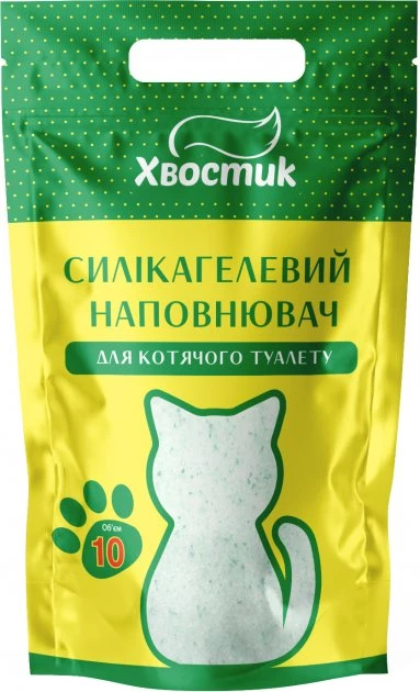Наповнювач для котячого туалета Хвостик силікагелевий дрібний з зеленими гранулами 10л