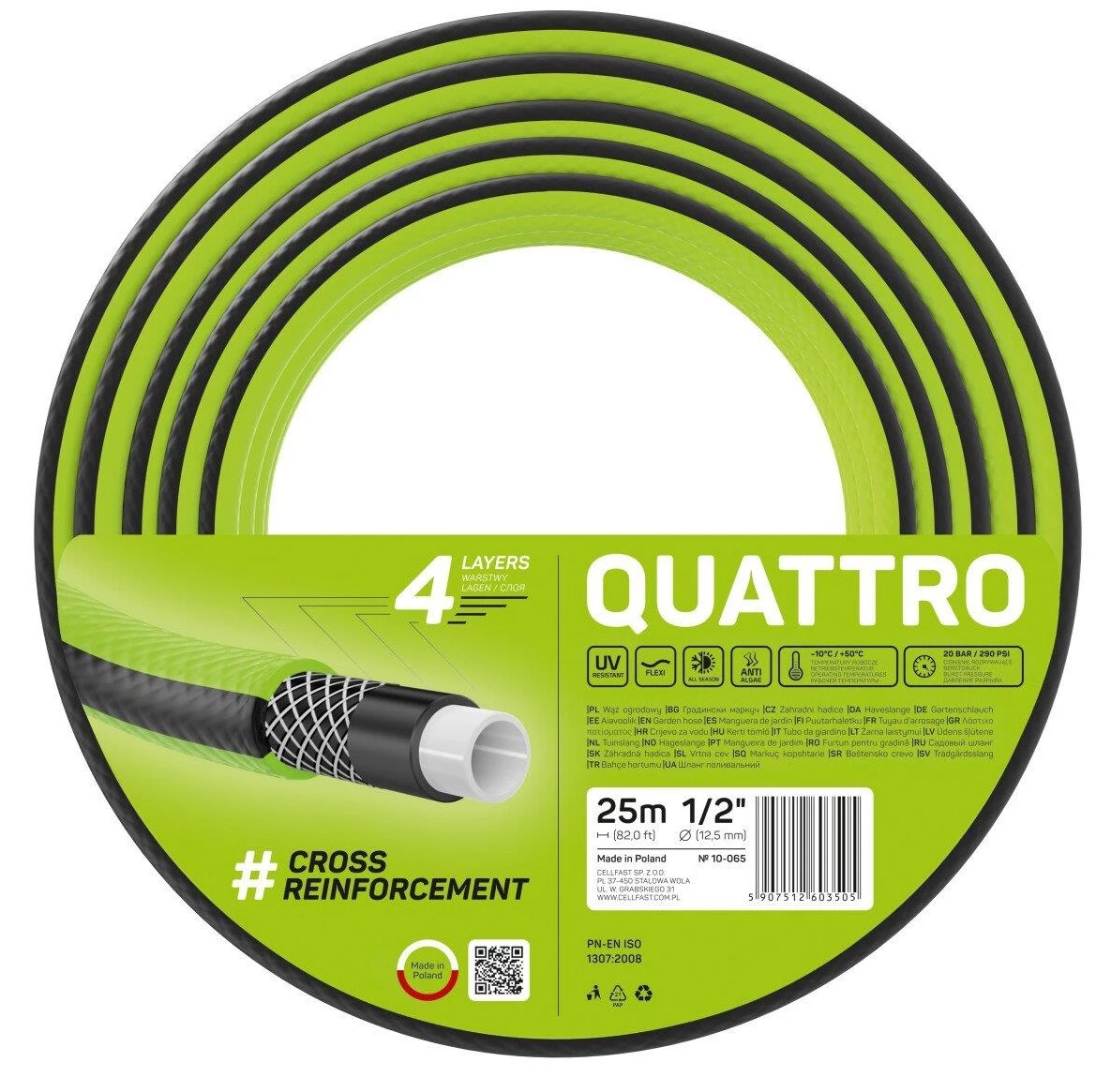 Шланг садовий Cellfast QUATTRO 1/2”, 25 м, 4-х шаровий, до 20 бар, -10…+50°C
