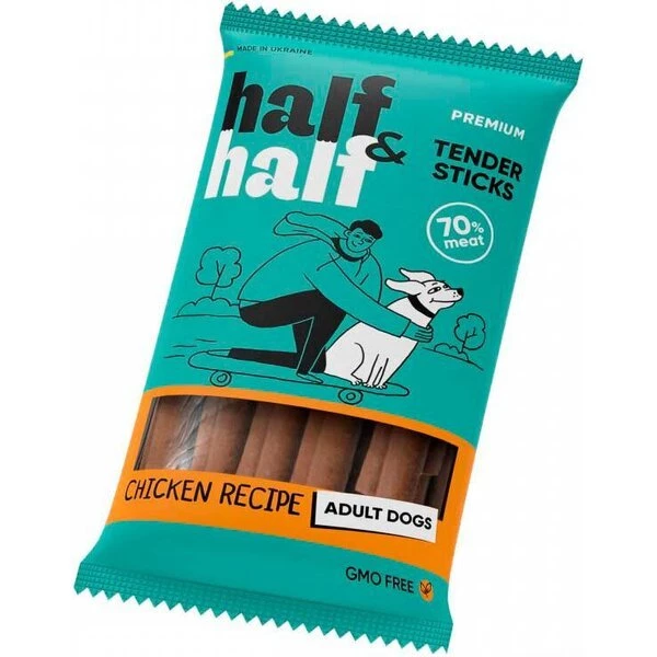 Ласощі для дорослих собак великих порід Half&Half Палички м'ясні з куркою 100 г (4823082431779)