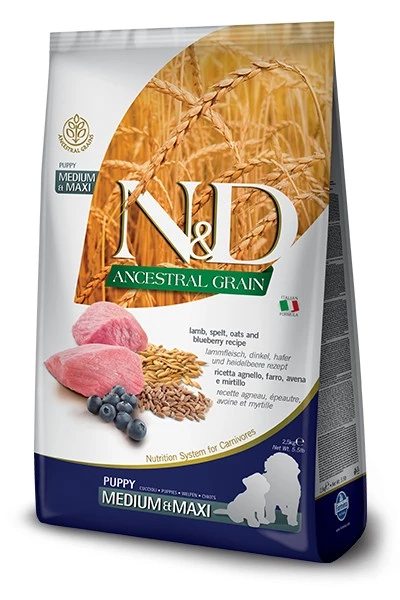 Корм сухий для цуценят середніх і великих порід Farmina N&D Low Grain Puppy Medium & Maxi низькозерновий з ягням та чорницею, 2.5 кг (156379)