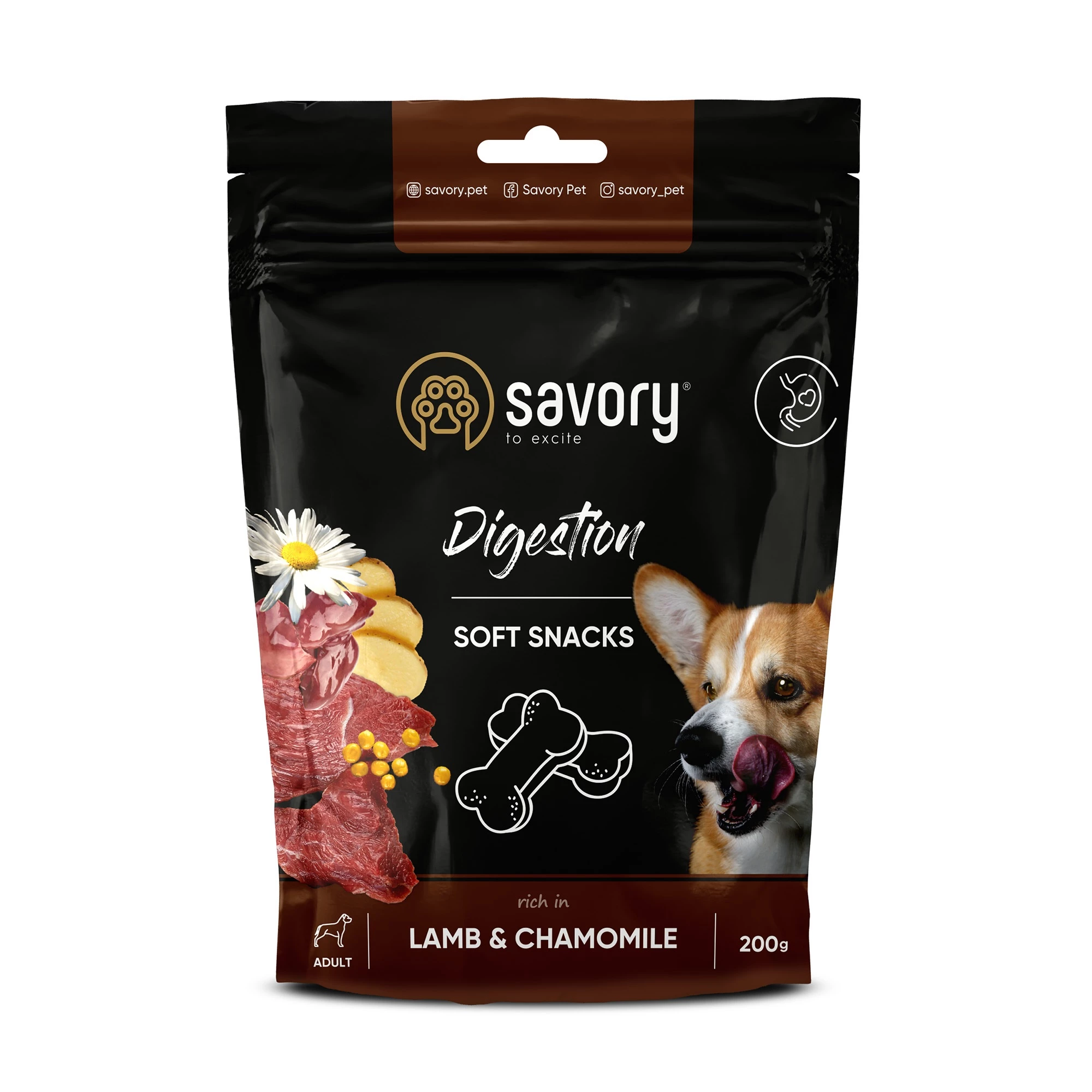 Ласощі для дорослих собак усіх порід Savory для поліпшення травлення, ягня та ромашка 200 г (4820232631348)