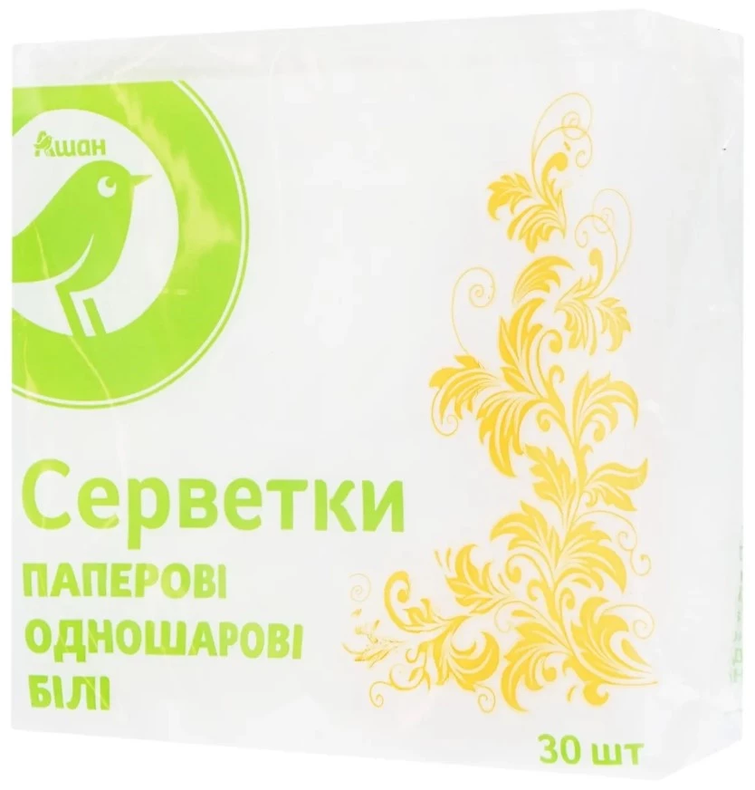 Серветки паперові одношарові білі Auchan, 24х24см, 30шт.